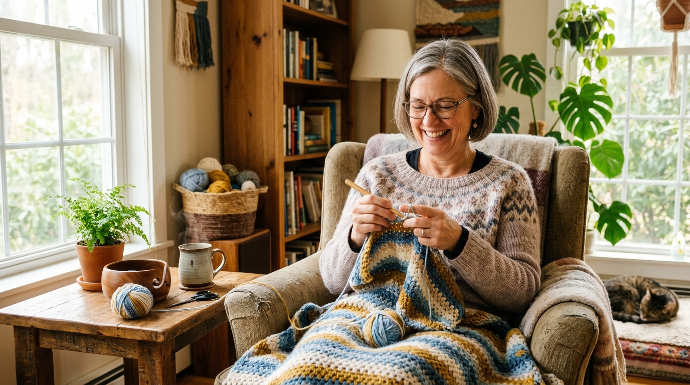 Woman crocheting in a cozy room