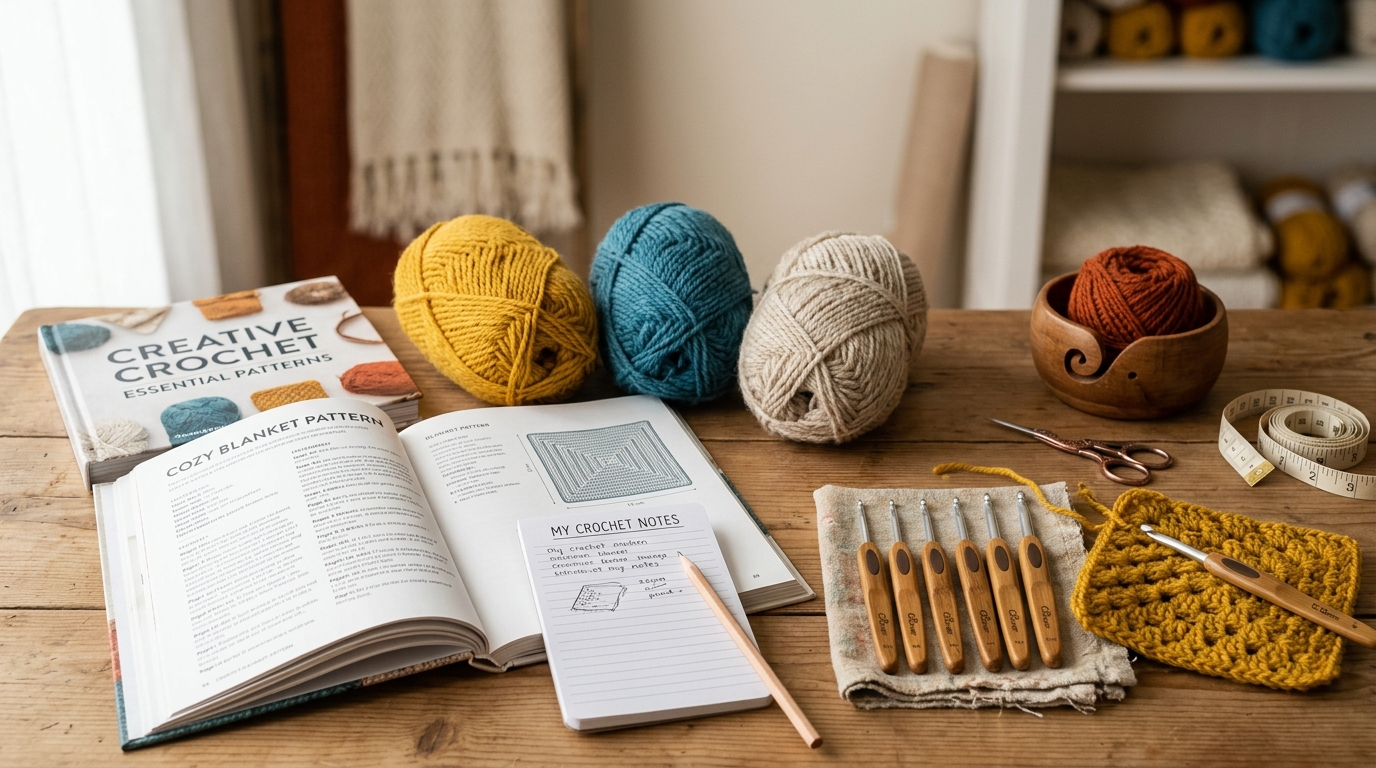 Crochet yarn and hooks on a table